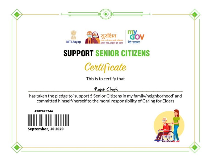 Support Senior Citizen Certificate for Community Development Dehradun